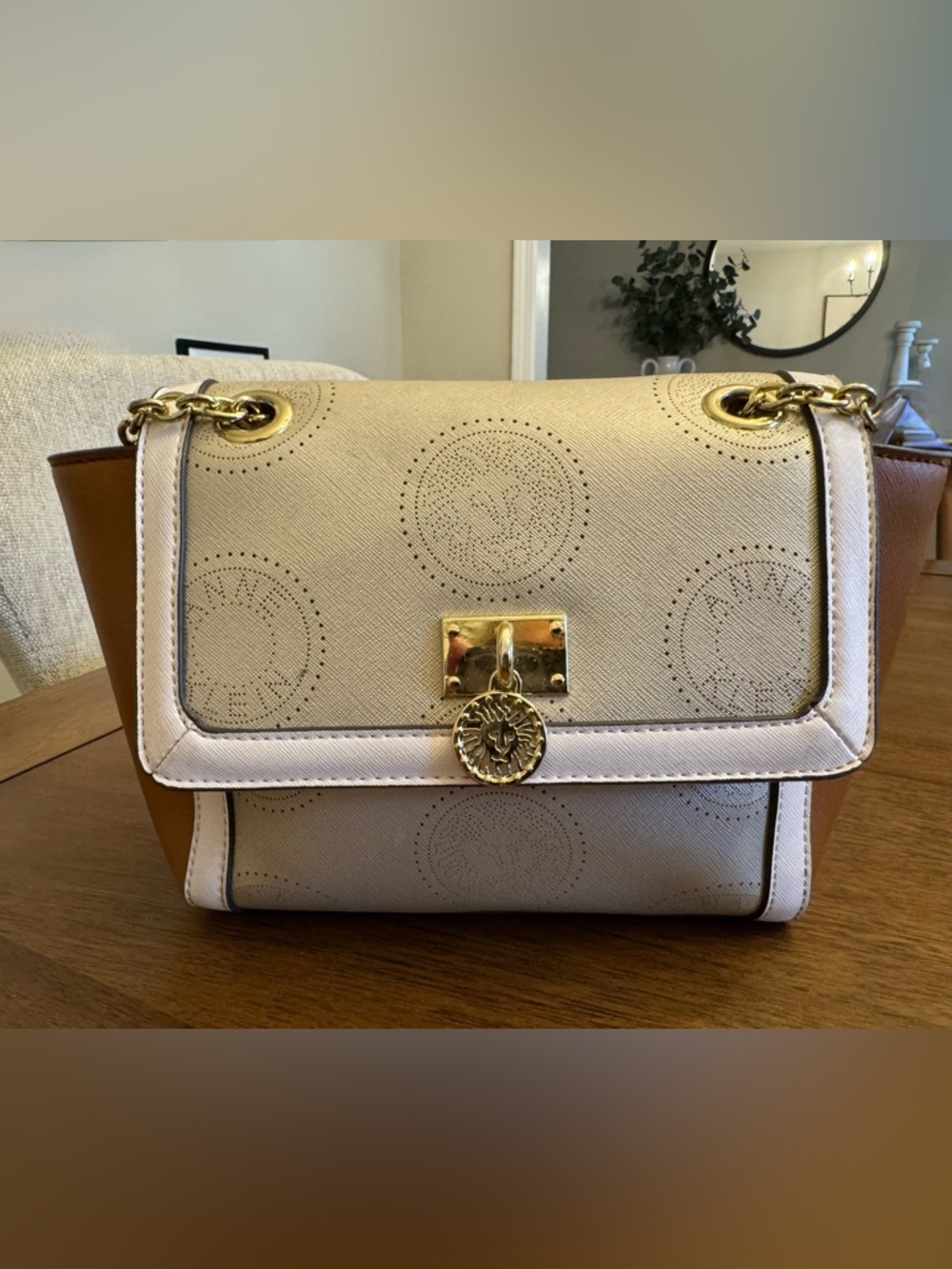 Anne Klein Cream and Brown Chain-Handle Shoulder Bag with Gold Accent